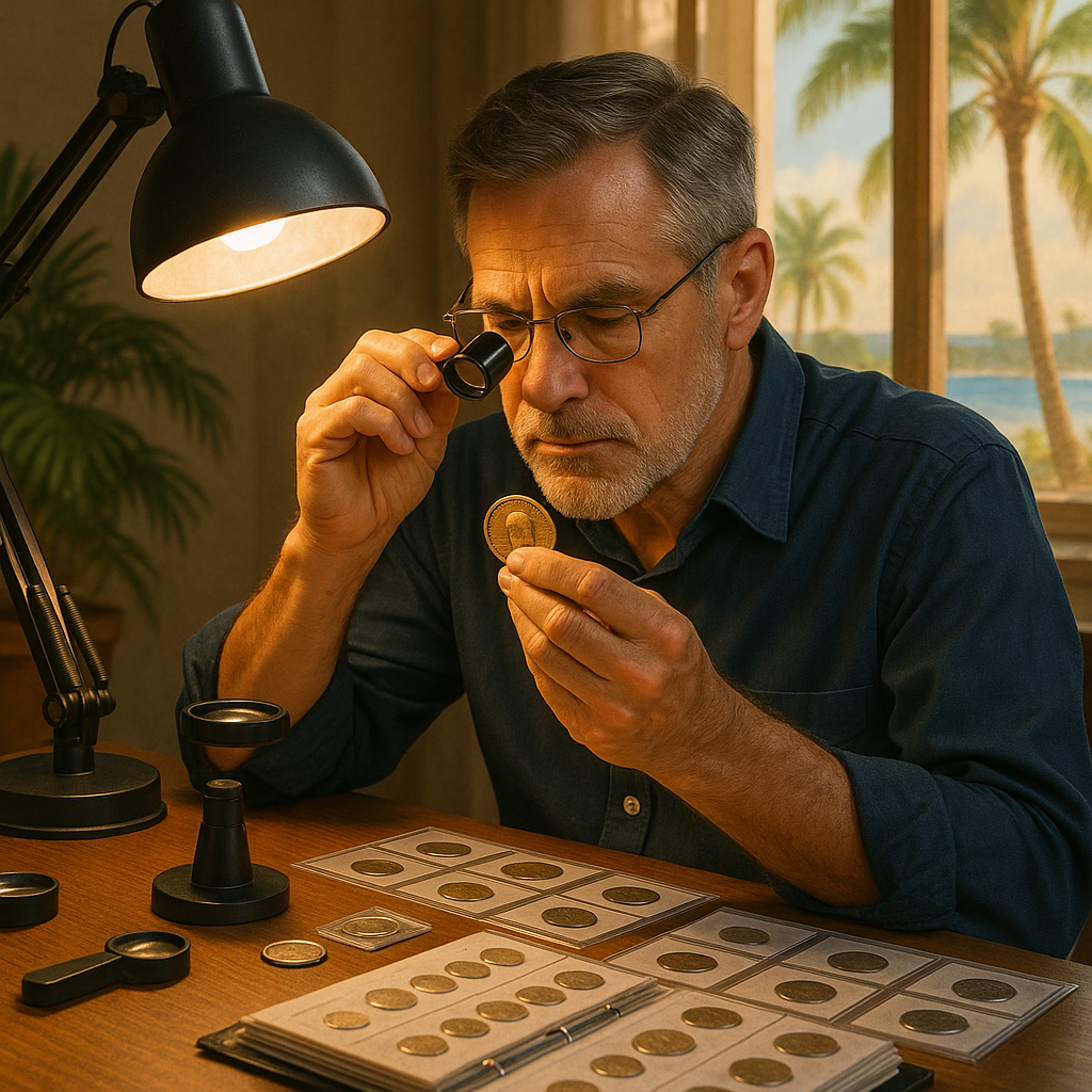 Experienced numismatist appraising a rare collectible coin, highlighting expert services available in Palm Beach County, Florida.