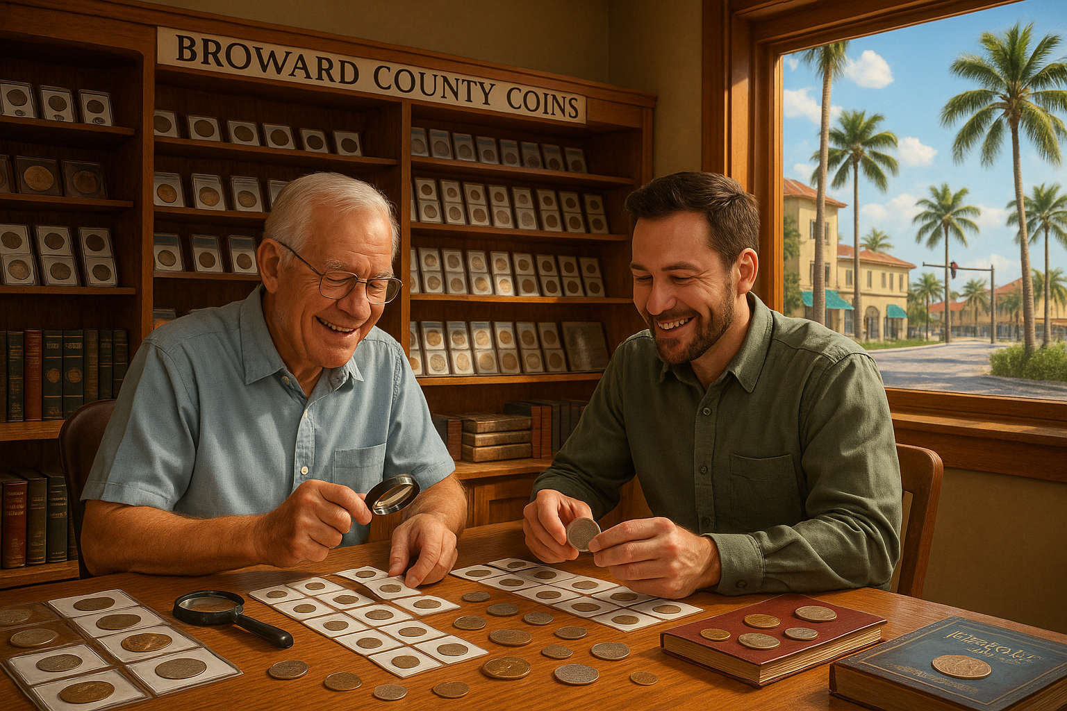 Friendly coin experts appraising a vintage coin collection at the Broward County coin shop.