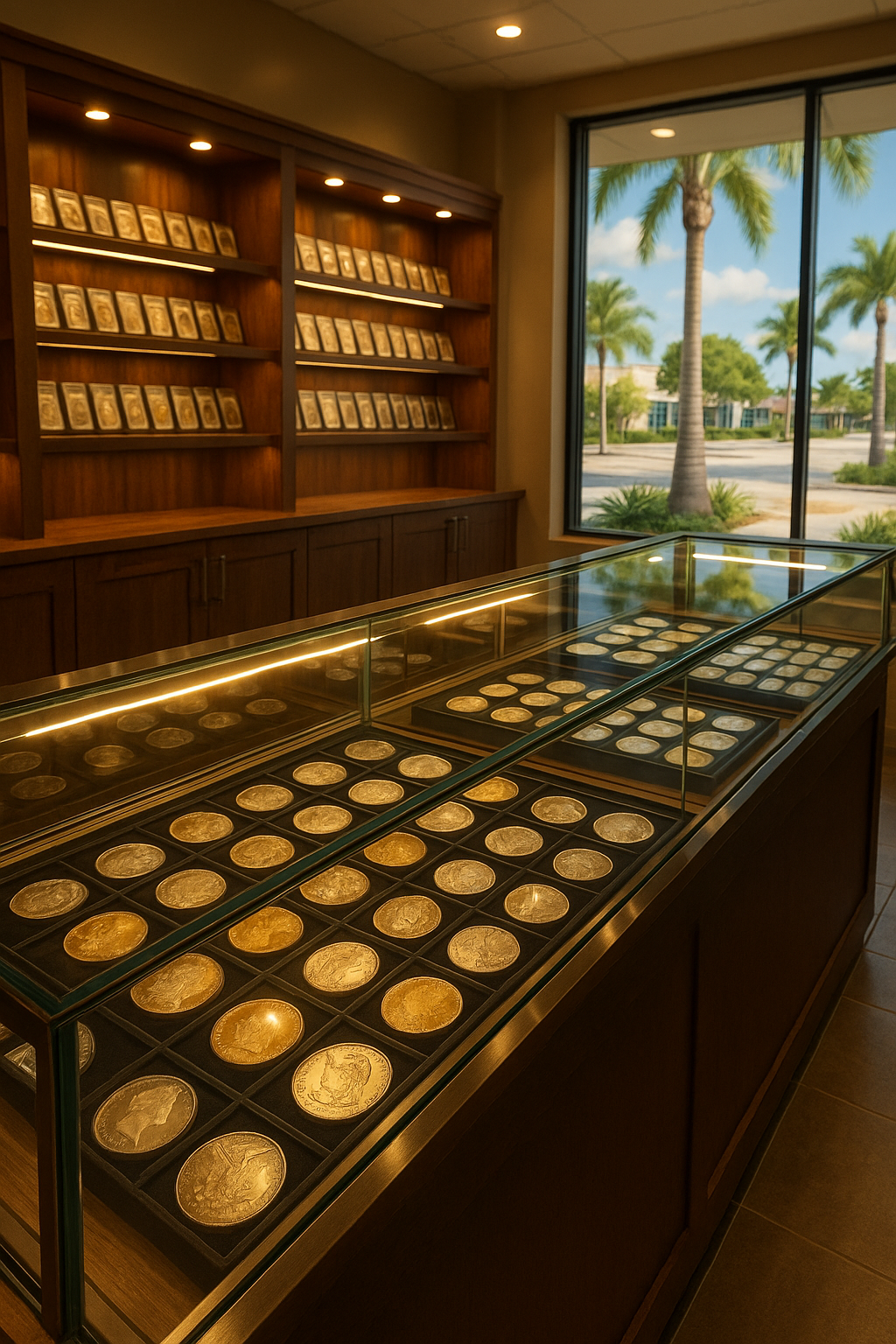 Display of valuable rare coins inside the leading Broward County coin shop, inviting collectors.