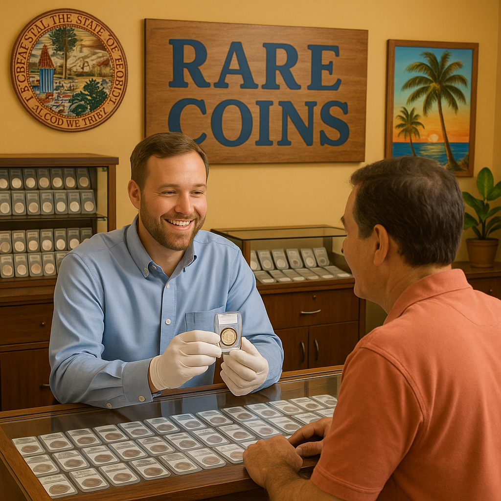 A friendly coin shop specialist assisting a customer in finding a valuable coin in Florida.