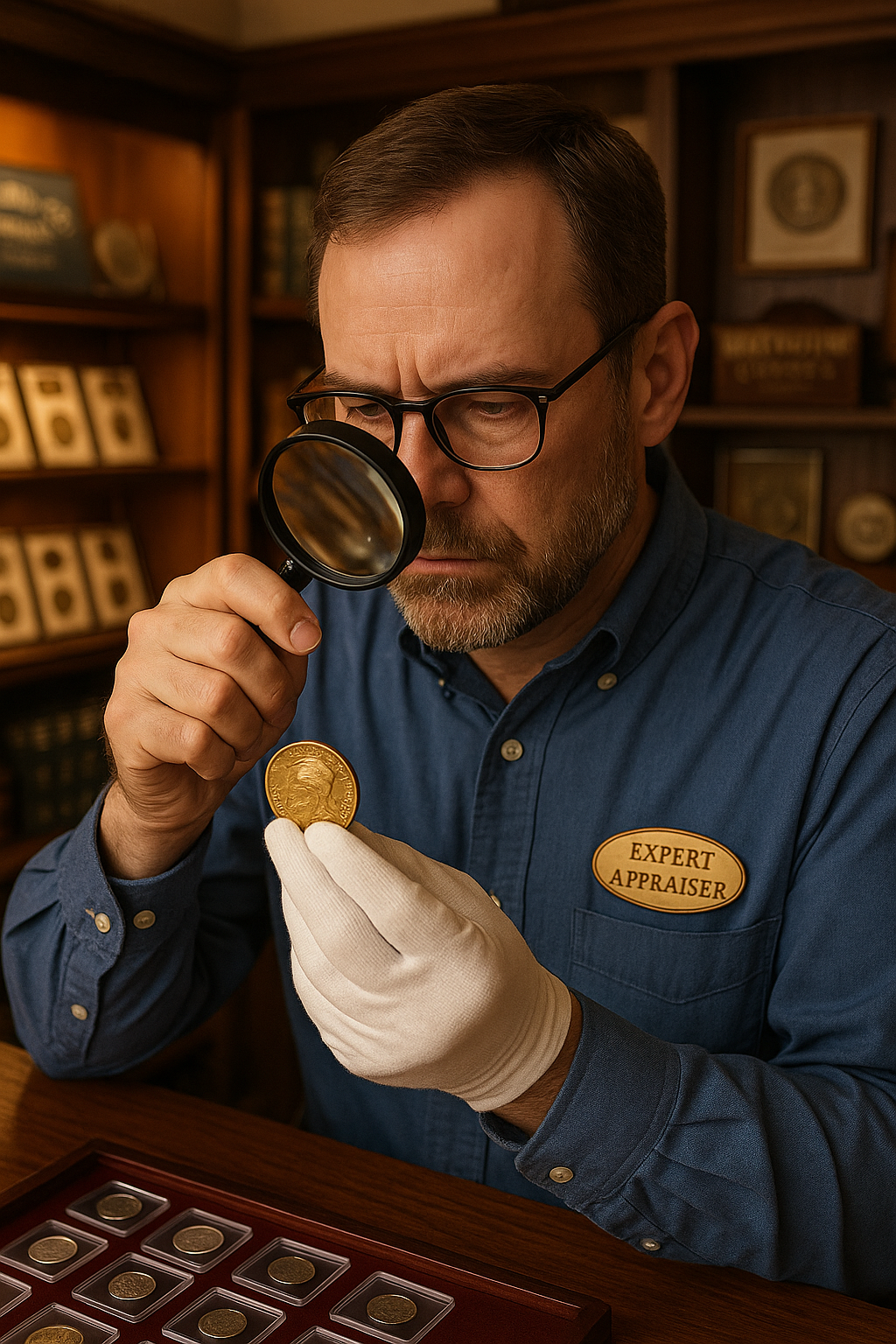 Expert appraiser examining a rare coin under magnification at Walton County's trusted coin shop.