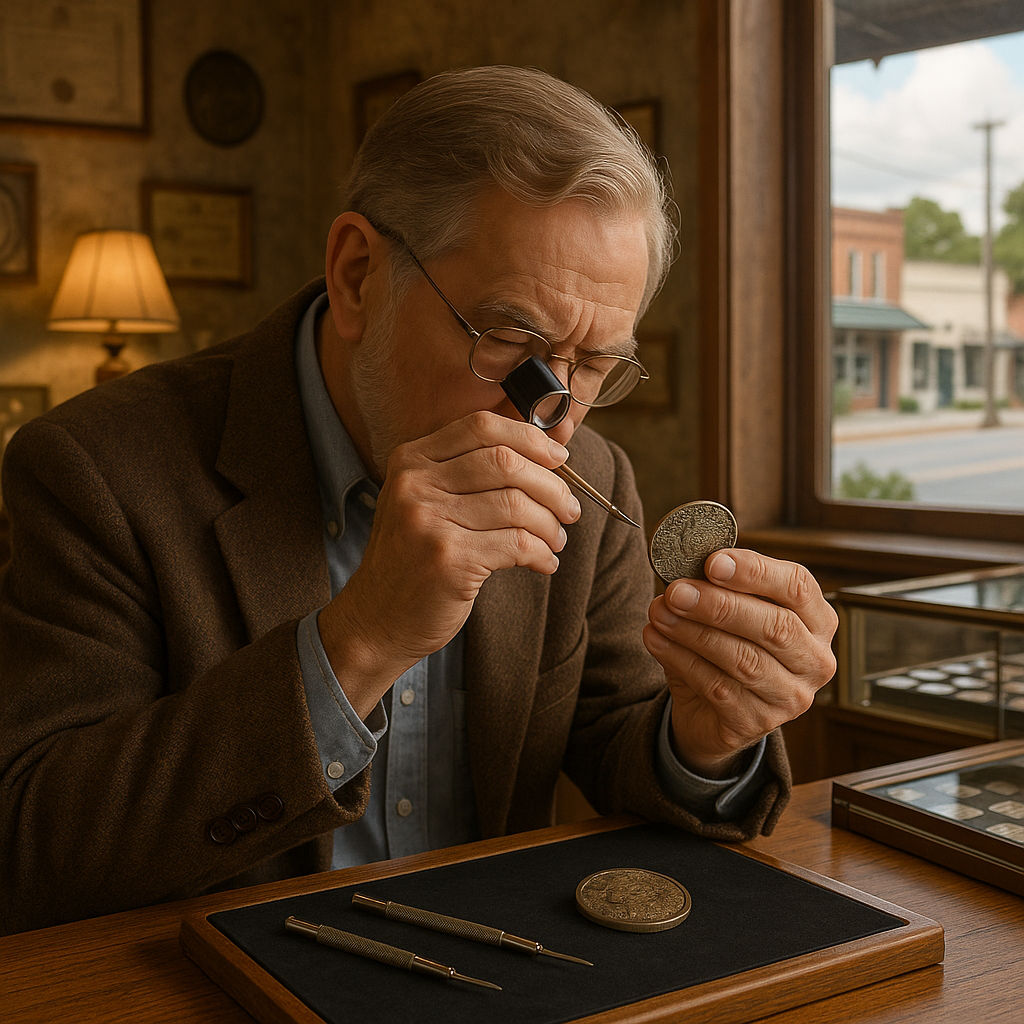 Expert numismatist appraising a rare world coin, ensuring trusted and accurate valuations for collectors.