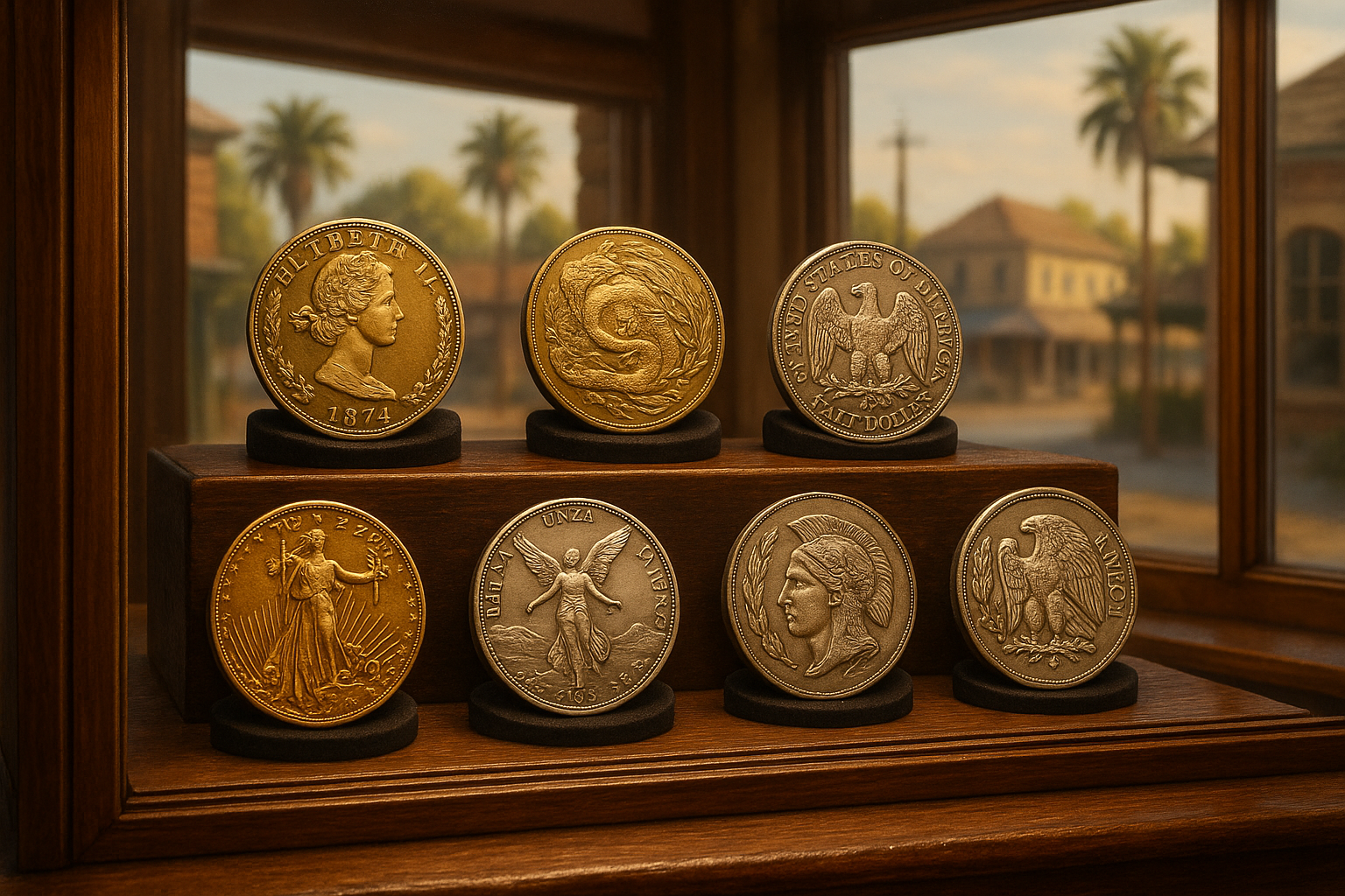 Display of exceptional rare coins from around the world, highlighting unique designs and pristine conditions at Calhoun County's premier coin shop.