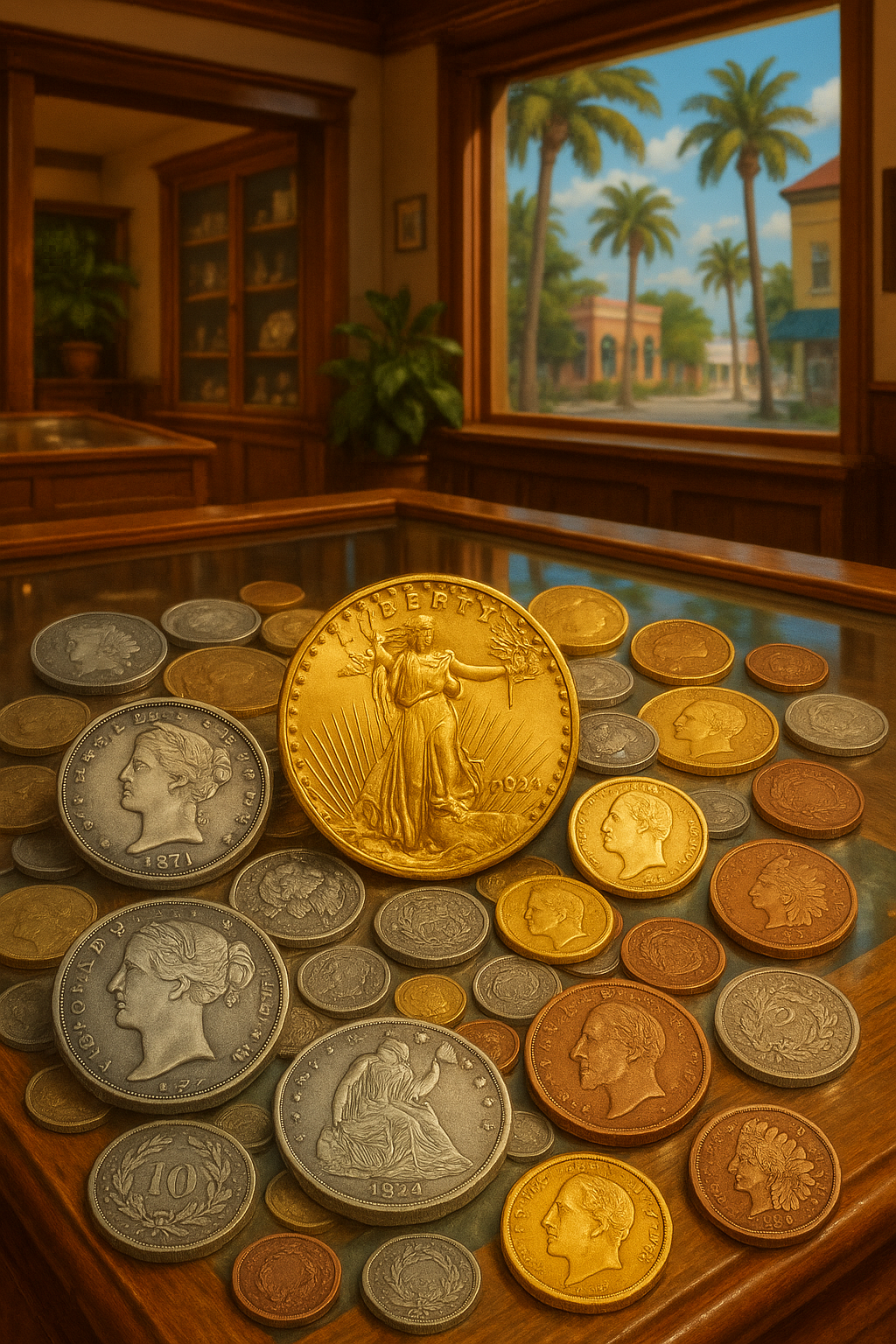 Display of assorted collectible coins from various eras, emphasizing variety and historical value.