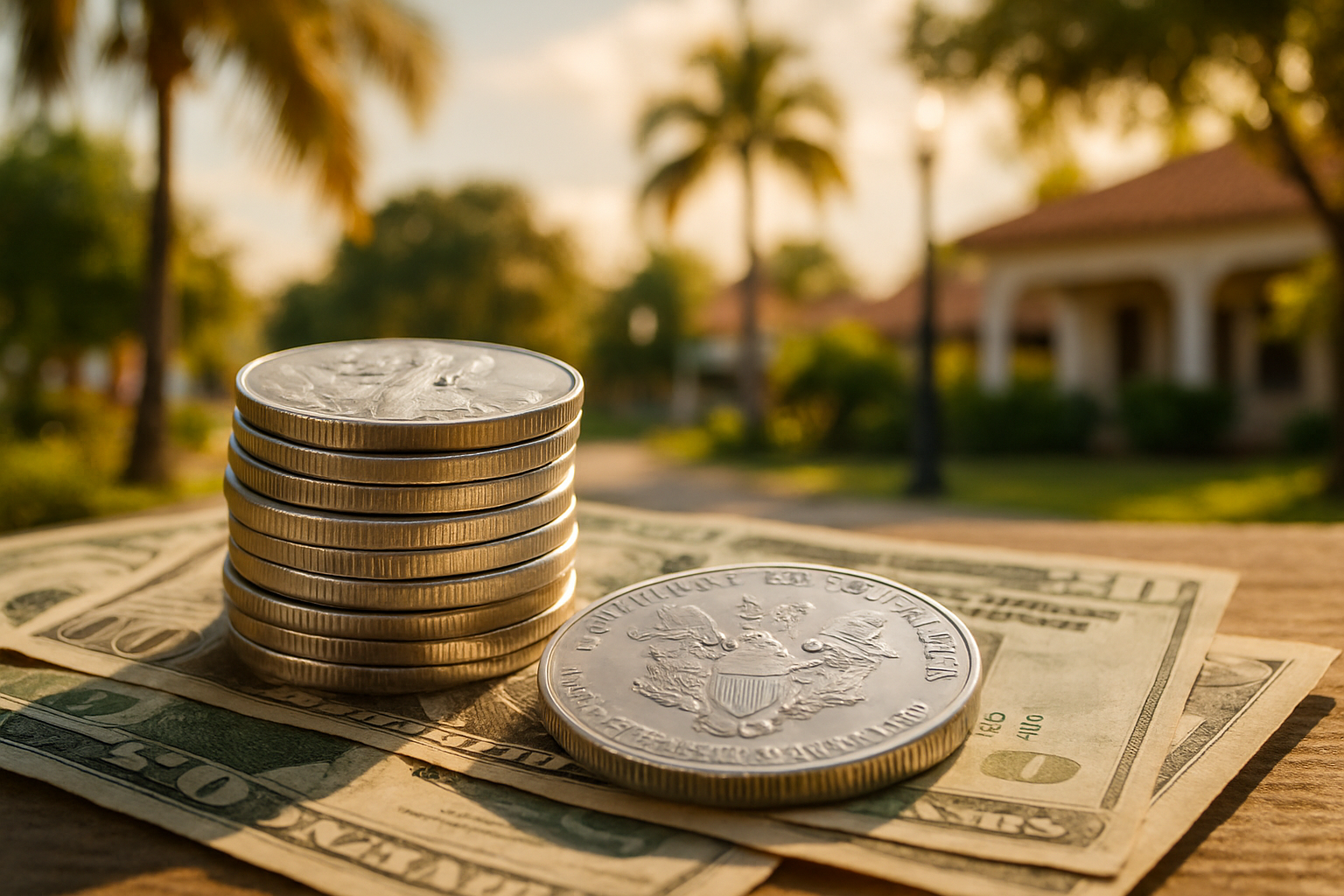 Close-up image of silver coins and currency notes, symbolizing investment opportunities at Charlotte County Rare Coins.