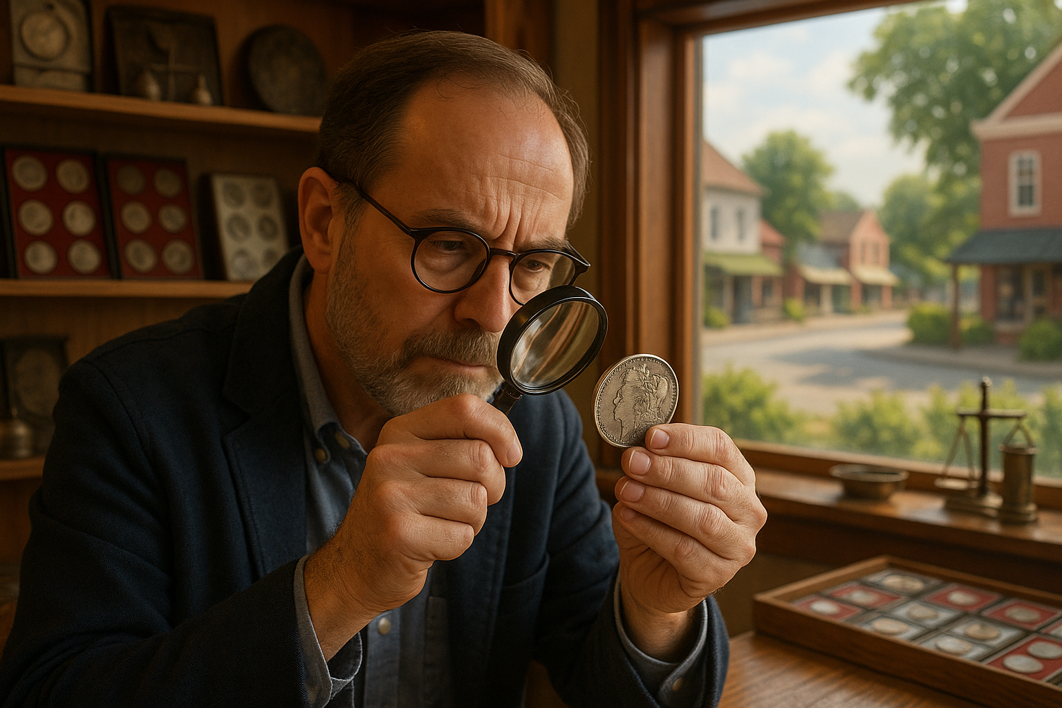 Expert appraiser examining a vintage silver coin, highlighting trusted services in buying, selling, and appraising rare coins.