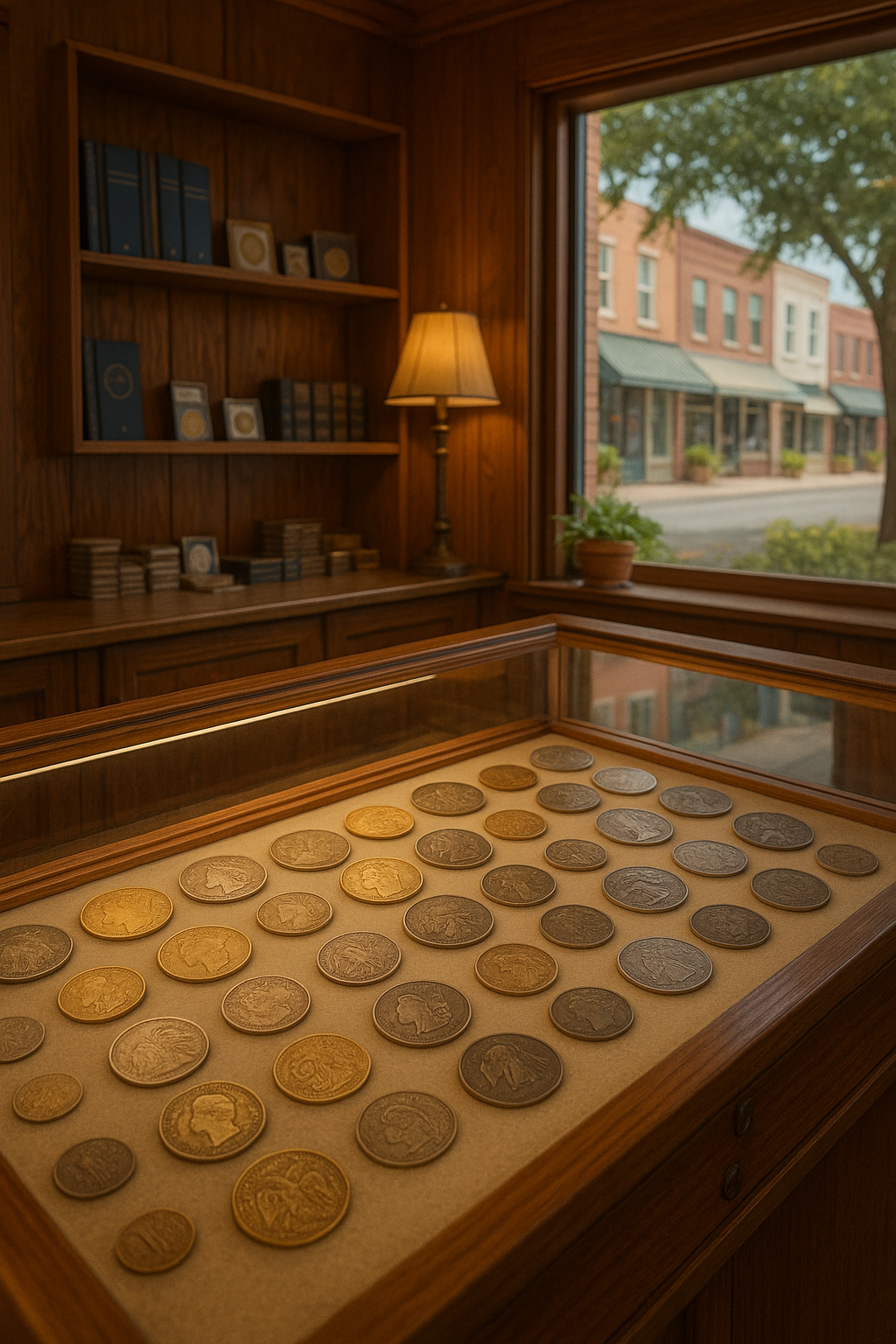 Display case filled with a diverse collection of rare coins, inviting collectors to explore and expand their collections.