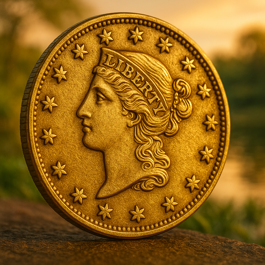 Close-up of a rare gold coin showcasing intricate details, symbolizing valuable collectibles at Citrus County's premier coin shop.