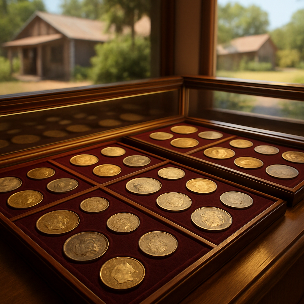 Display case featuring an exclusive collection of authentic rare coins at Dixie County's top coin shop.