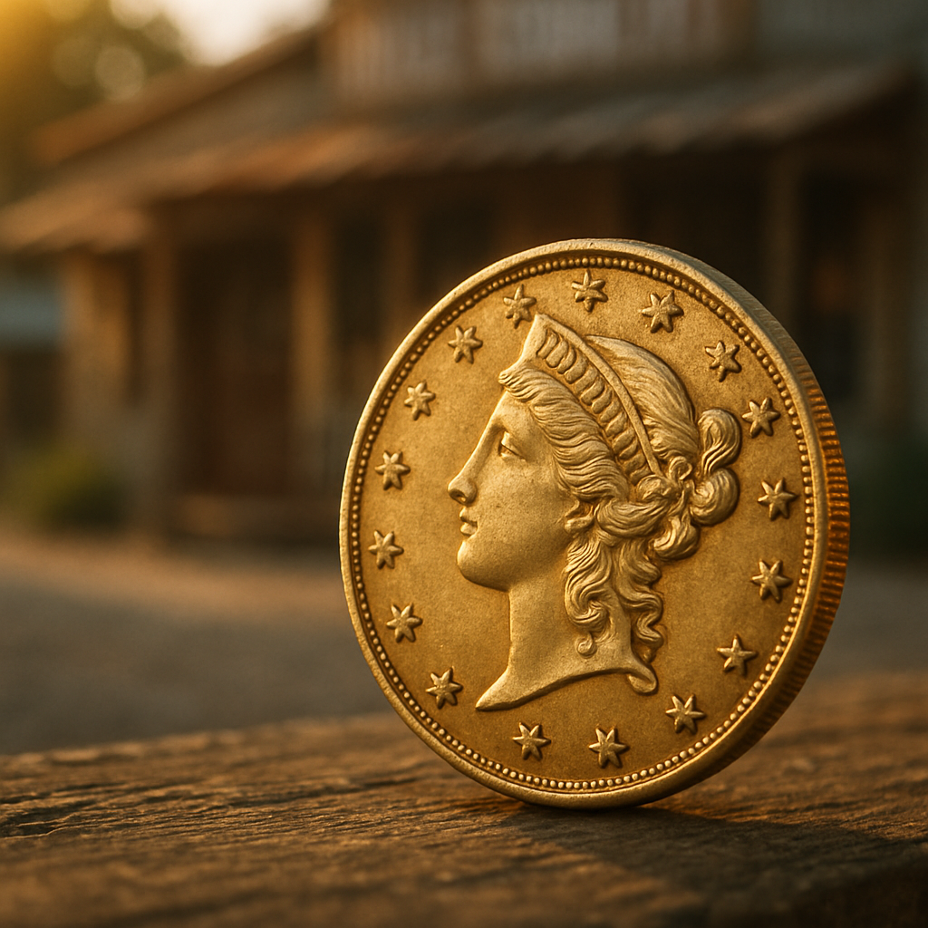 Close-up of a rare vintage gold coin with intricate details shining under soft light.