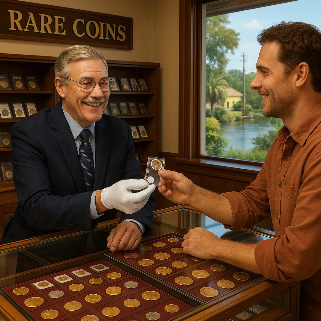 Happy customer receiving personalized service and advice from an experienced coin specialist in Florida.