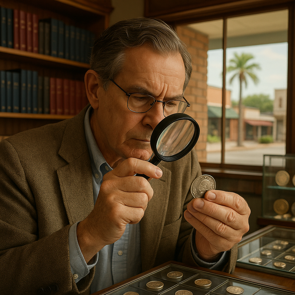 Expert appraiser examining a rare coin to guarantee authenticity and value for collectors.