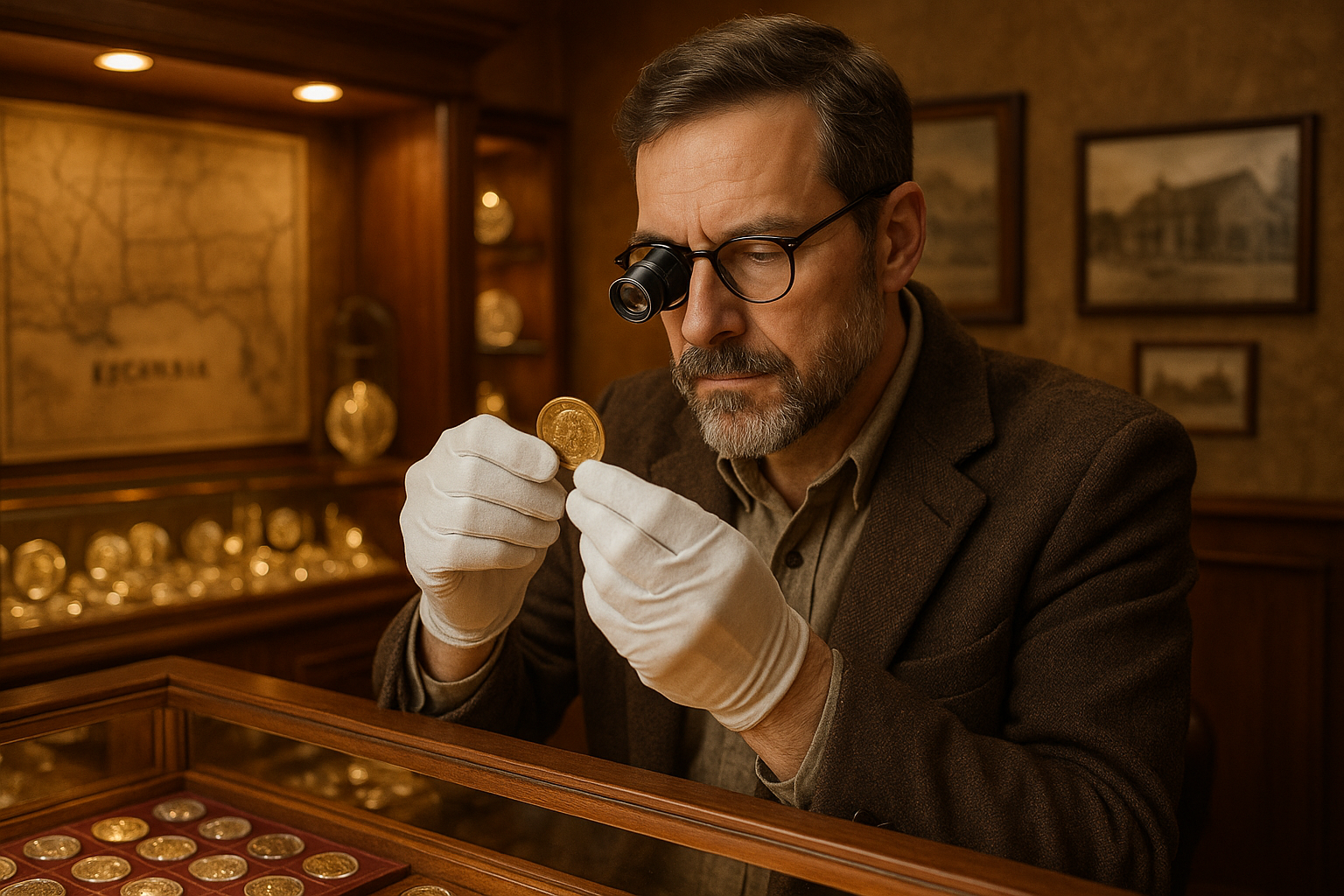 Expert numismatist evaluating a rare coin, providing trusted guidance and authentic appraisals.