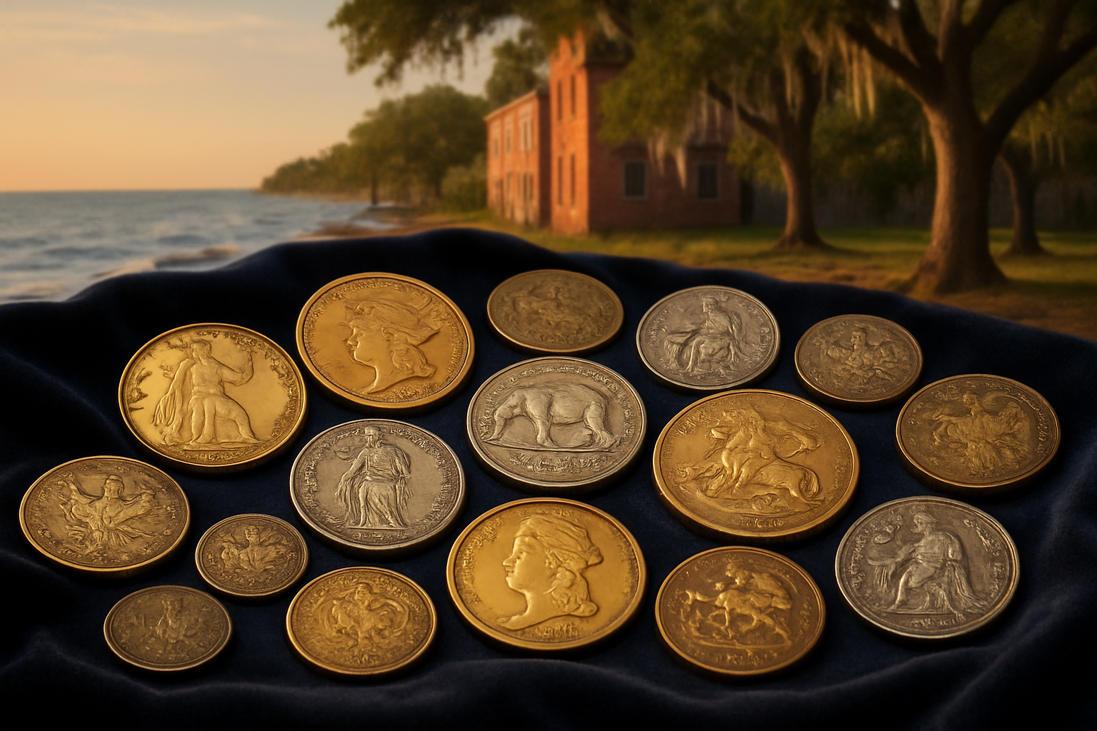 Display of assorted rare coins arranged elegantly, highlighting unique designs and collectible value.
