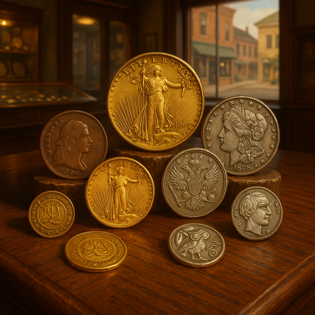 Display of assorted rare coins from different eras, highlighting variety and value.