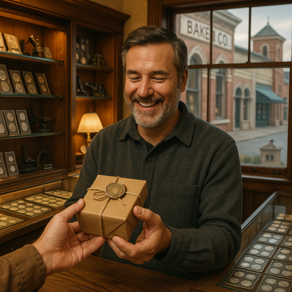 Happy customer receiving a beautifully packaged rare coin purchase at Baker County coin shop.
