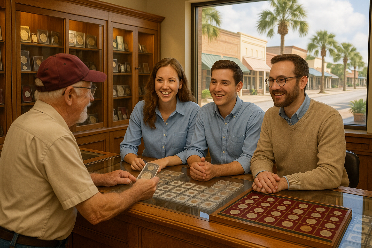 Friendly customer service team assisting a collector at Glades County Rare Coins store.