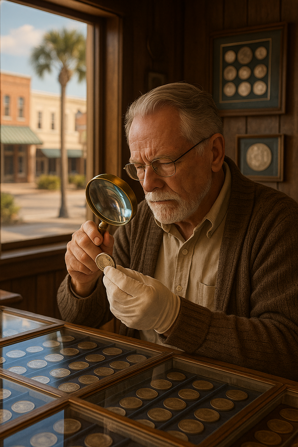 Expert appraiser examining a vintage silver coin for authenticity and value.