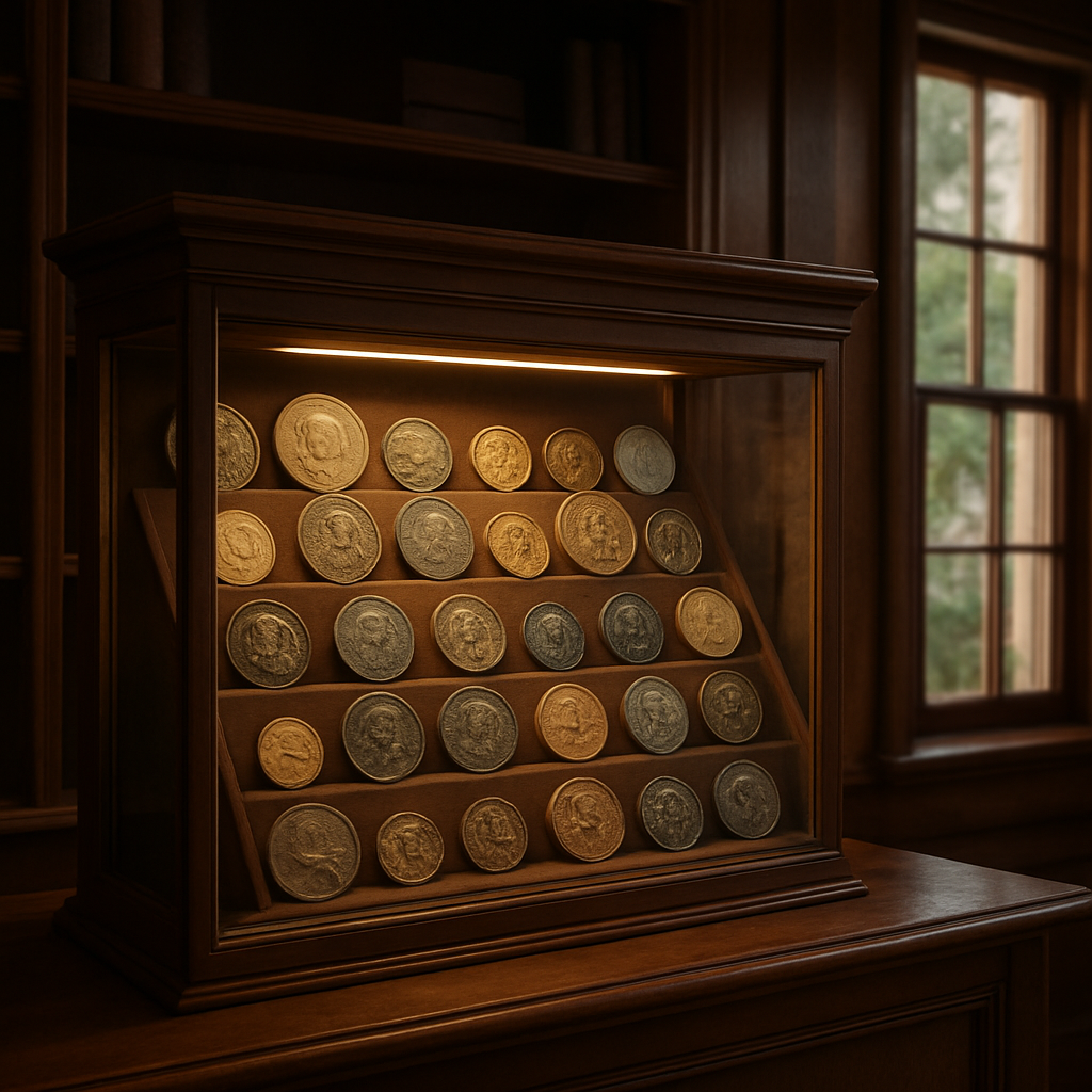 A diverse collection of rare coins displayed elegantly in a collector’s showcase.