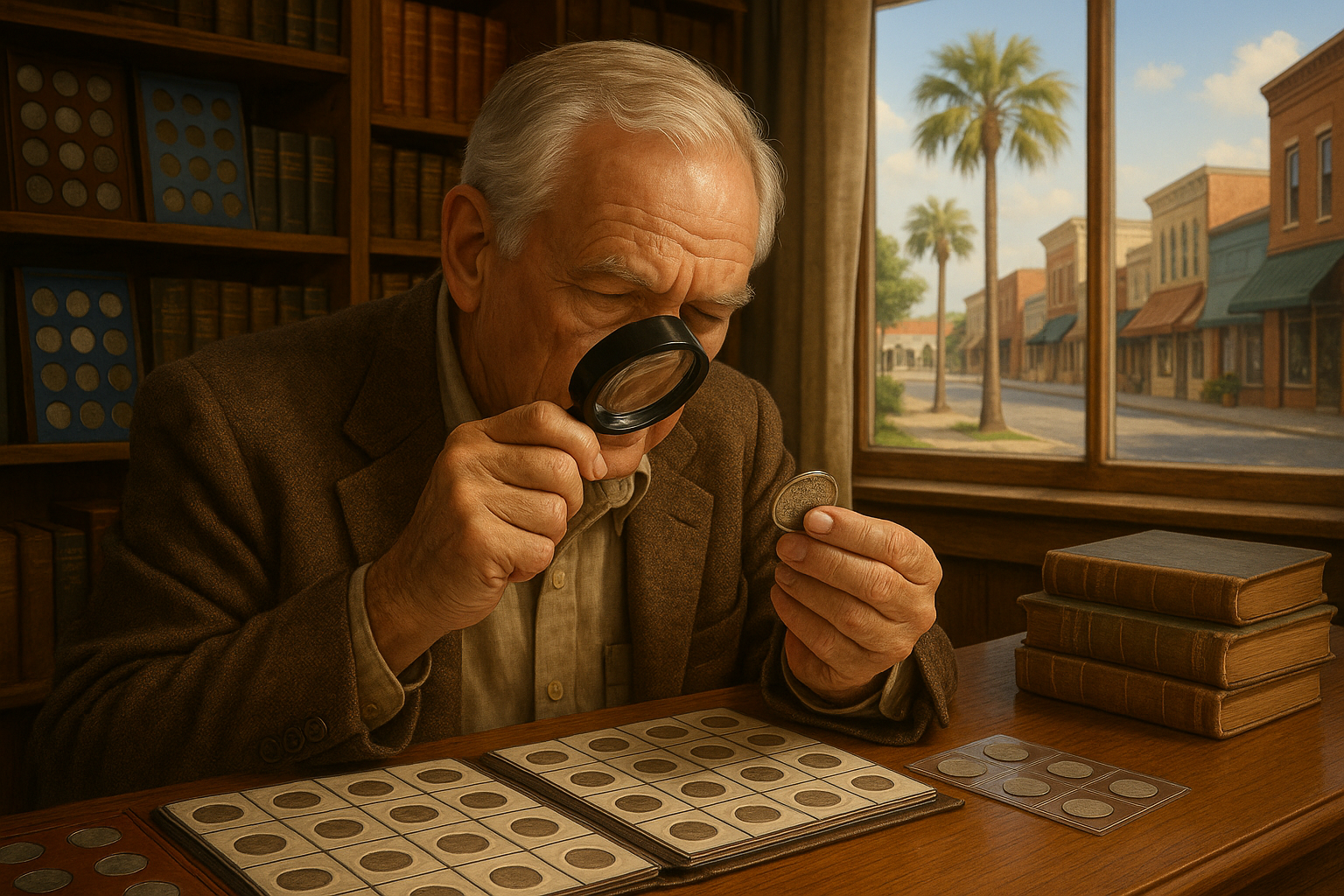 Experienced coin expert examining a rare coin under magnification for authentication.