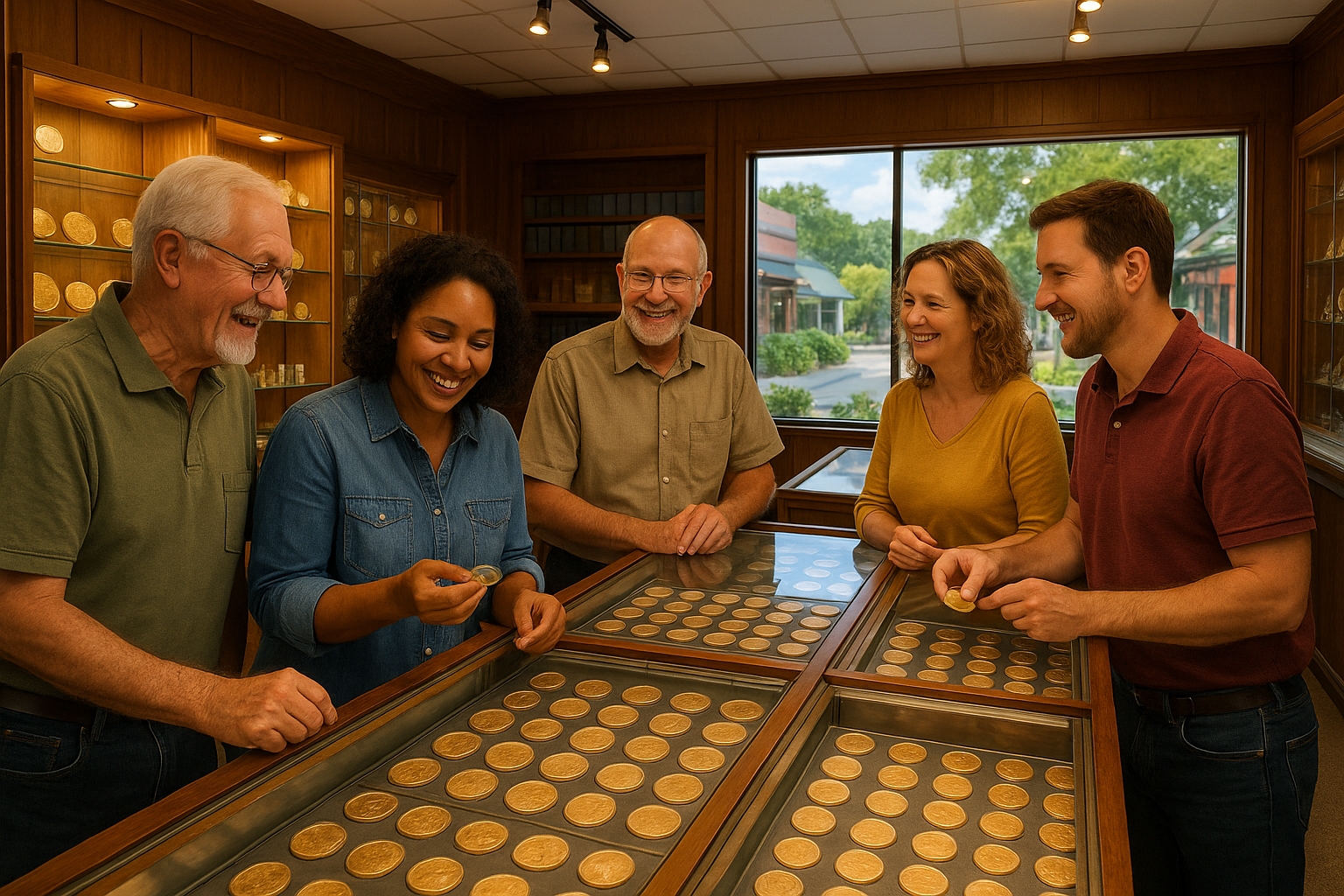 Happy customers browsing and discussing coins at Hernando County's trusted rare coin shop.