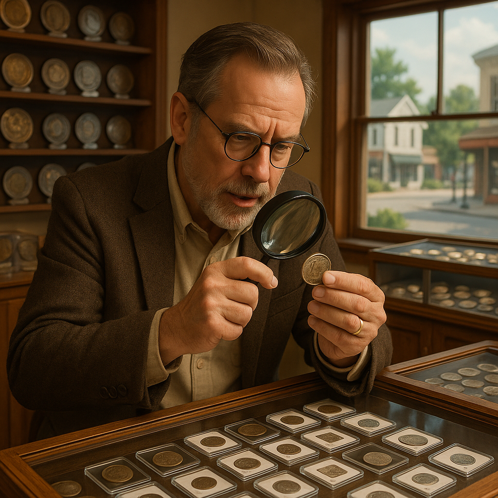 An expert coin appraiser examining a vintage coin, offering professional guidance to collectors.