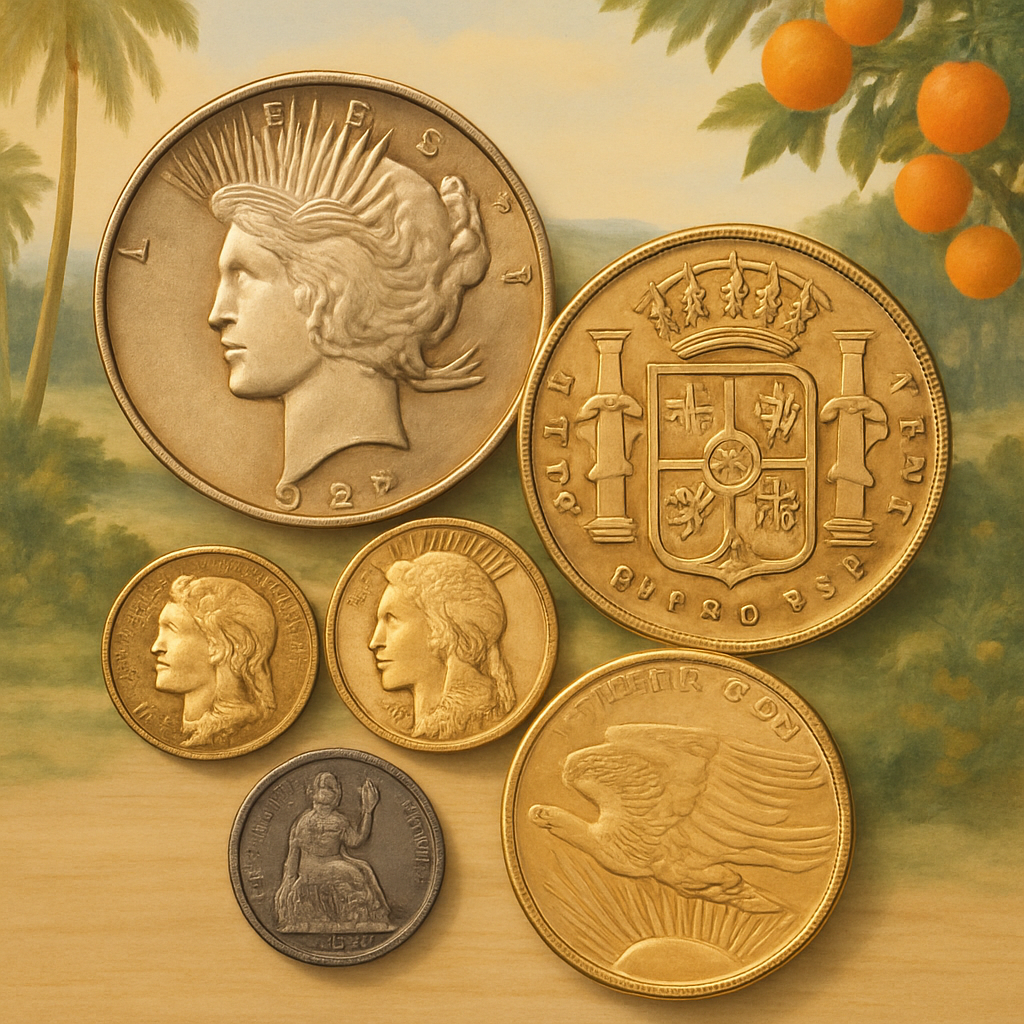 Display of vintage collectible coins with historical significance at Highlands County Rare Coins