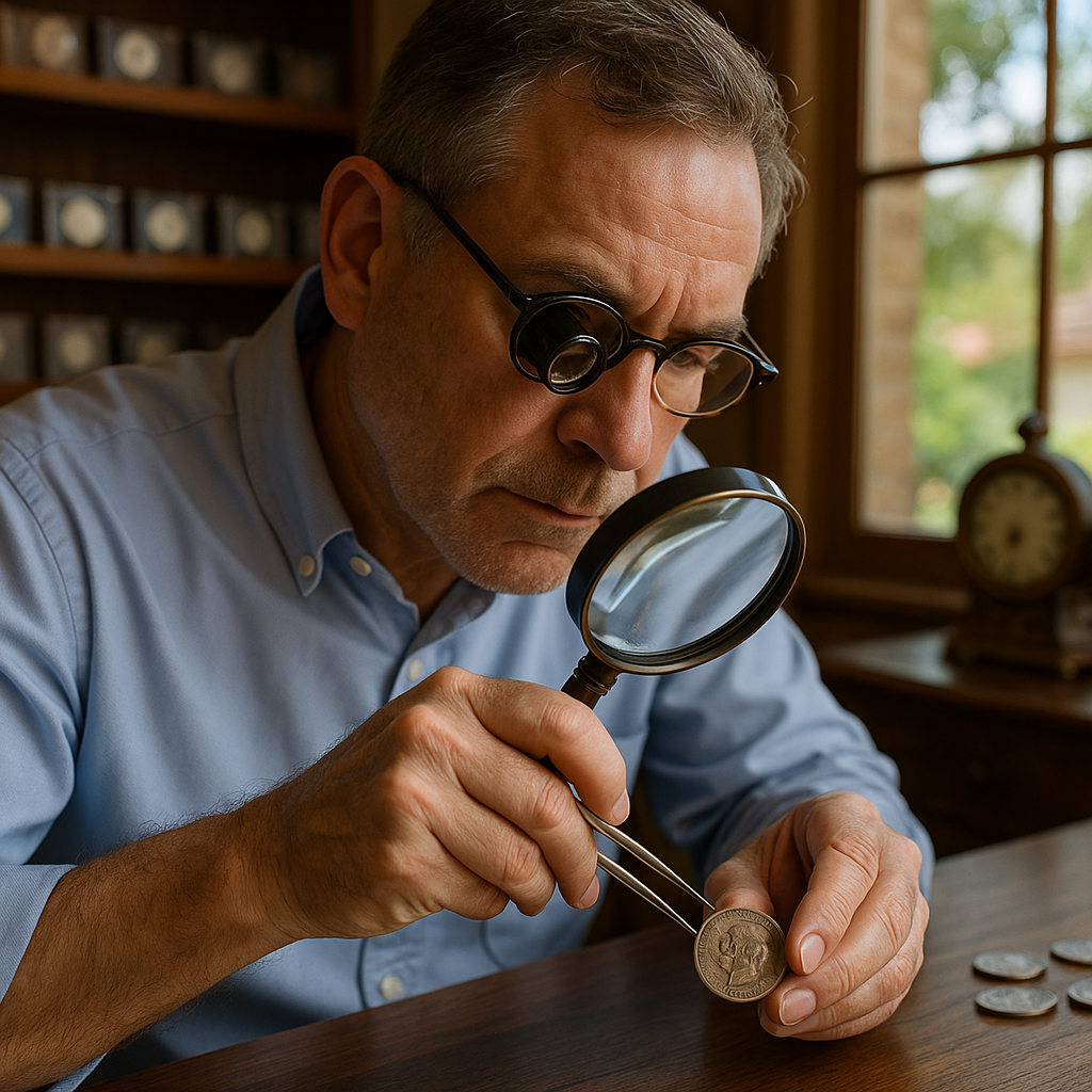 Expert appraiser examining a rare coin under magnification with precision tools