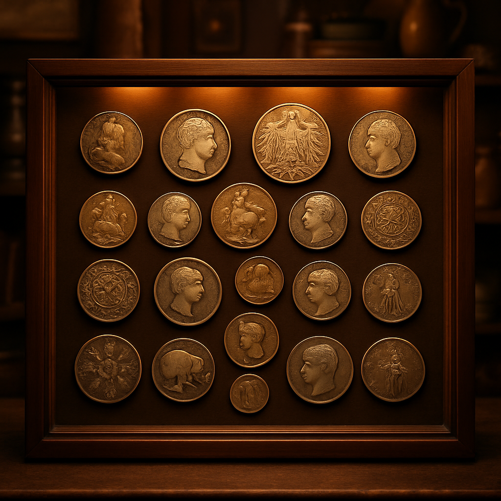 Display case featuring an exclusive collection of rare coins from different eras and countries.