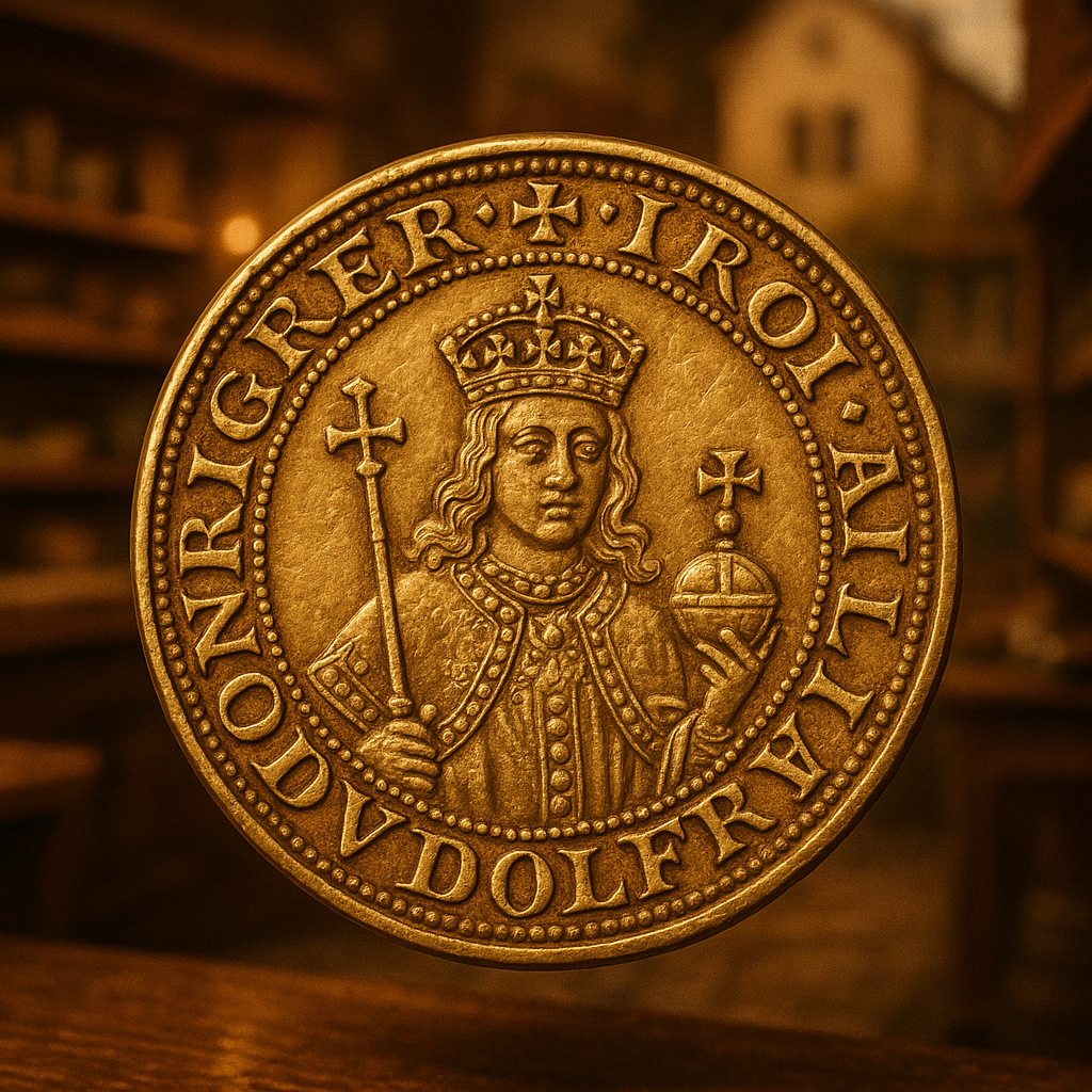Close-up of a rare gold coin showcasing intricate details and historical engravings.