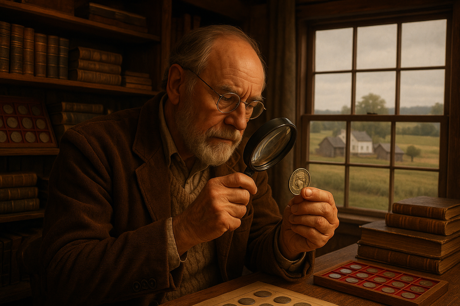 Experienced coin expert examining a vintage coin with a magnifying glass in the Holmes County shop.