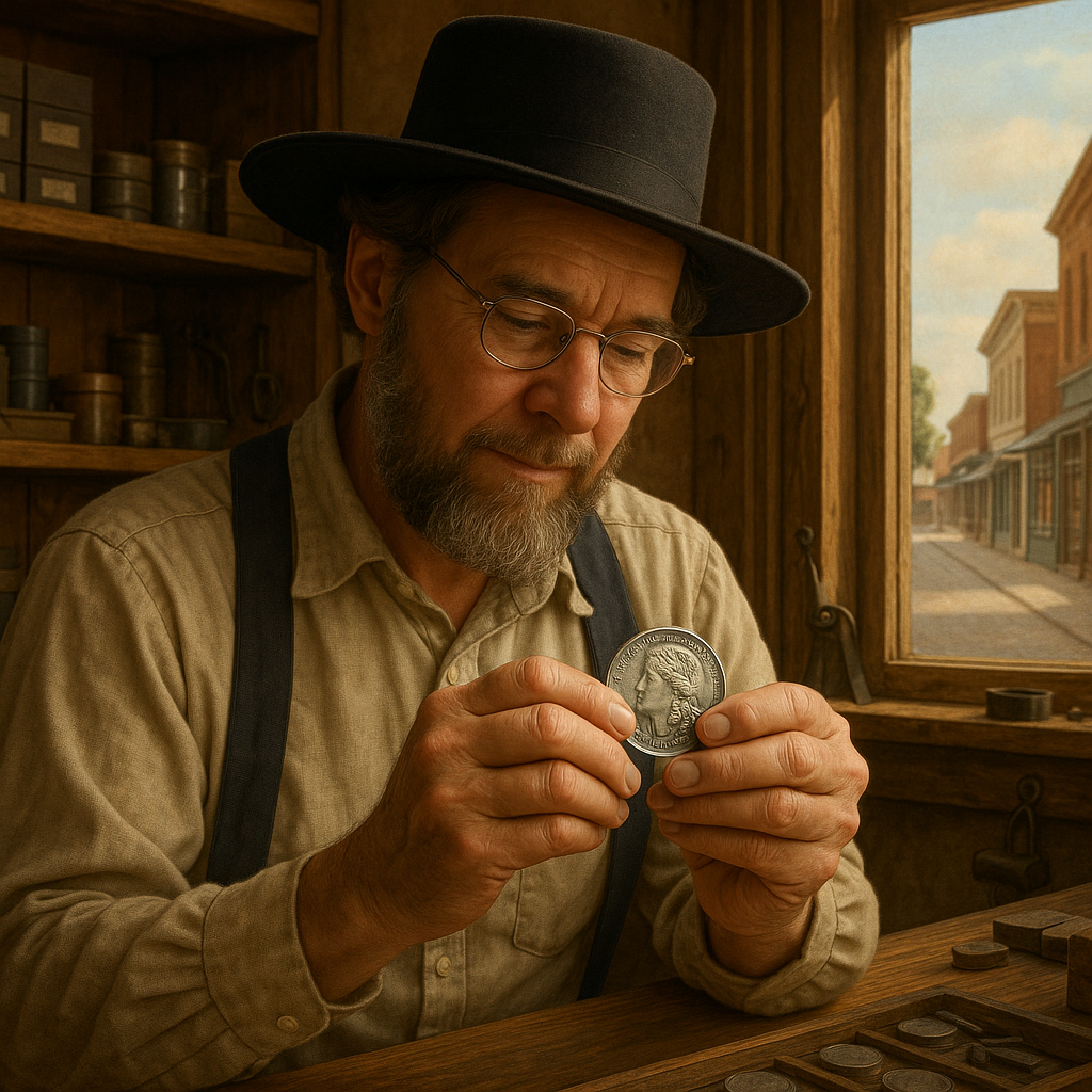 Collector carefully holding a rare silver coin, symbolizing the joy of adding unique treasures to a collection.