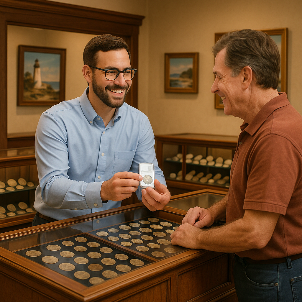 Friendly customer service representative assisting a coin collector in finding the perfect addition to their collection.