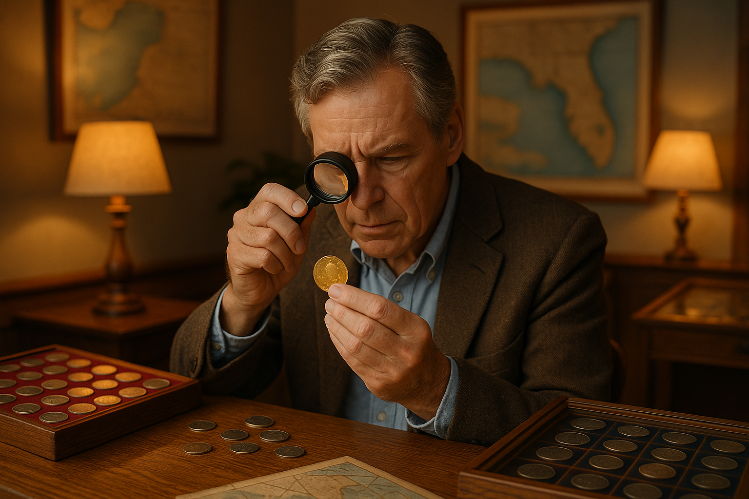 Expert appraiser examining a rare coin under magnification to ensure authenticity and value for collectors.