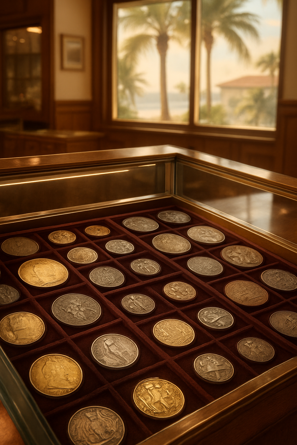 Display case featuring a diverse selection of rare coins available for purchase from Bay County's premier rare coin shop.