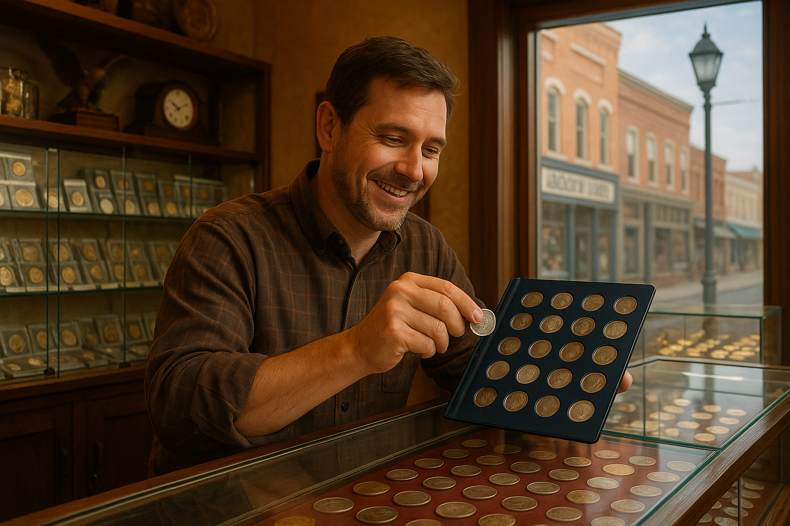 Happy customer adding a rare coin to their growing collection at Jackson County coin shop.
