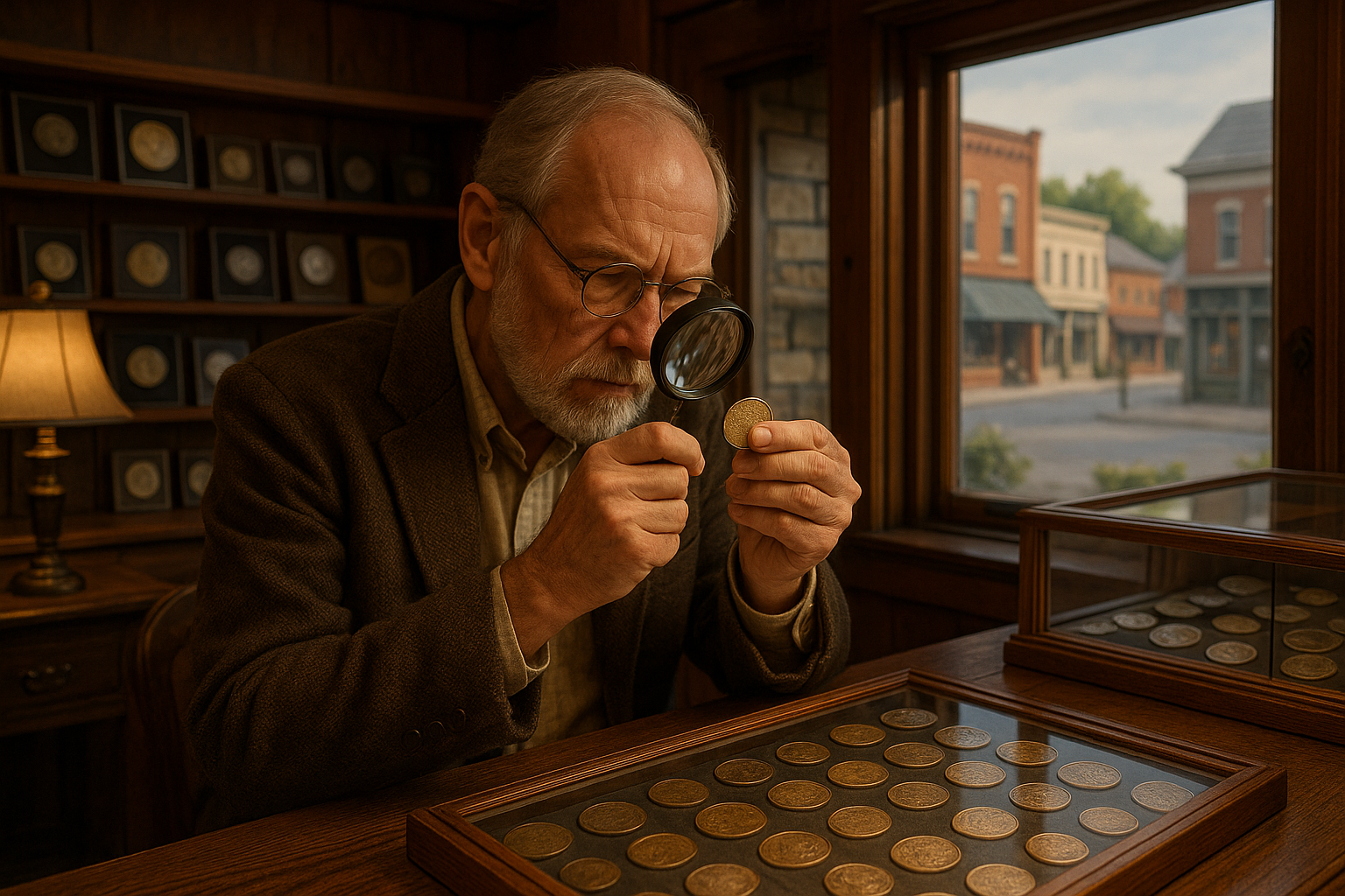 Expert appraiser closely examining a valuable vintage coin for authentication.