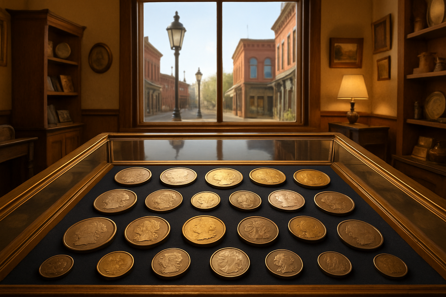 Display case filled with a curated selection of rare coins for seasoned collectors and new enthusiasts.