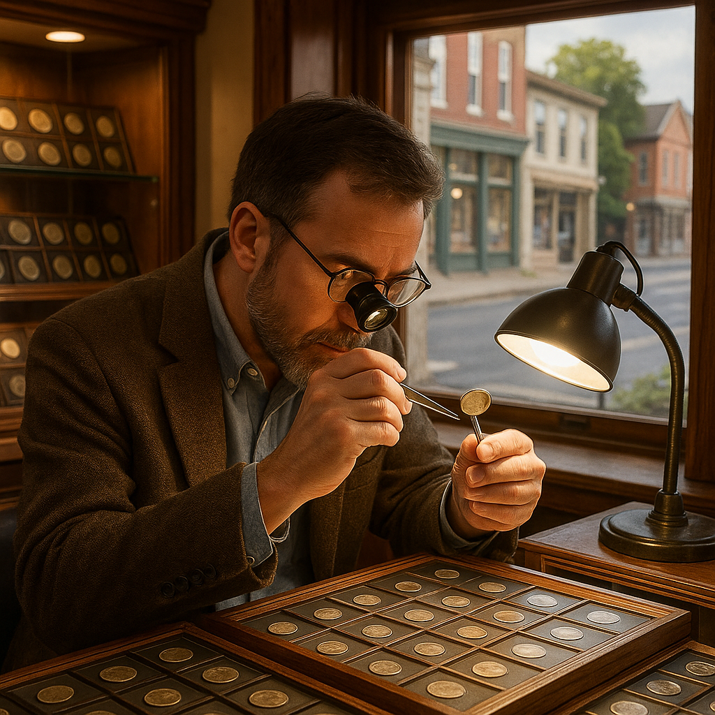 Expert appraiser examining a rare coin with precision tools in Jefferson County coin shop.