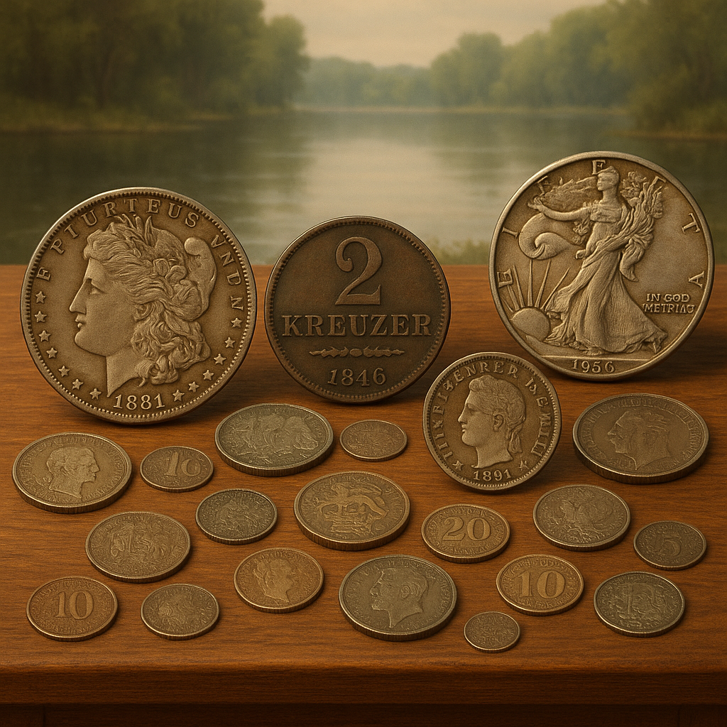 Display of diverse vintage coins from various eras at Lake County Coin Shop