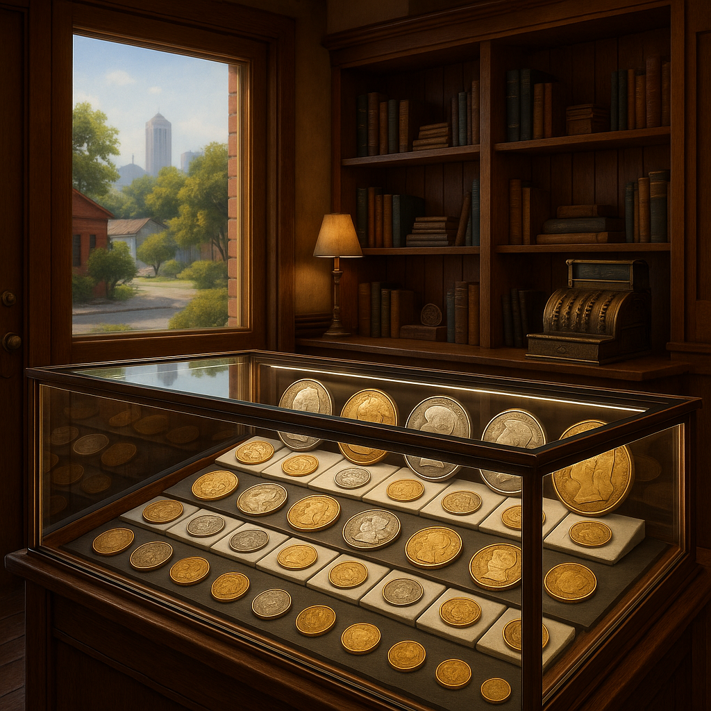 Display case featuring a diverse collection of rare coins for seasoned and new collectors.