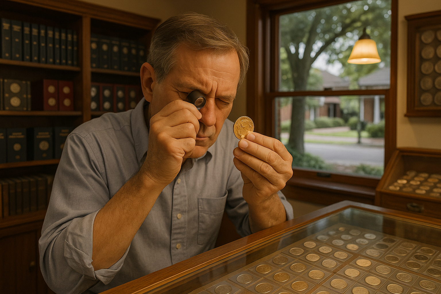 Experienced appraiser examining a rare coin under magnification in Leon County coin shop.
