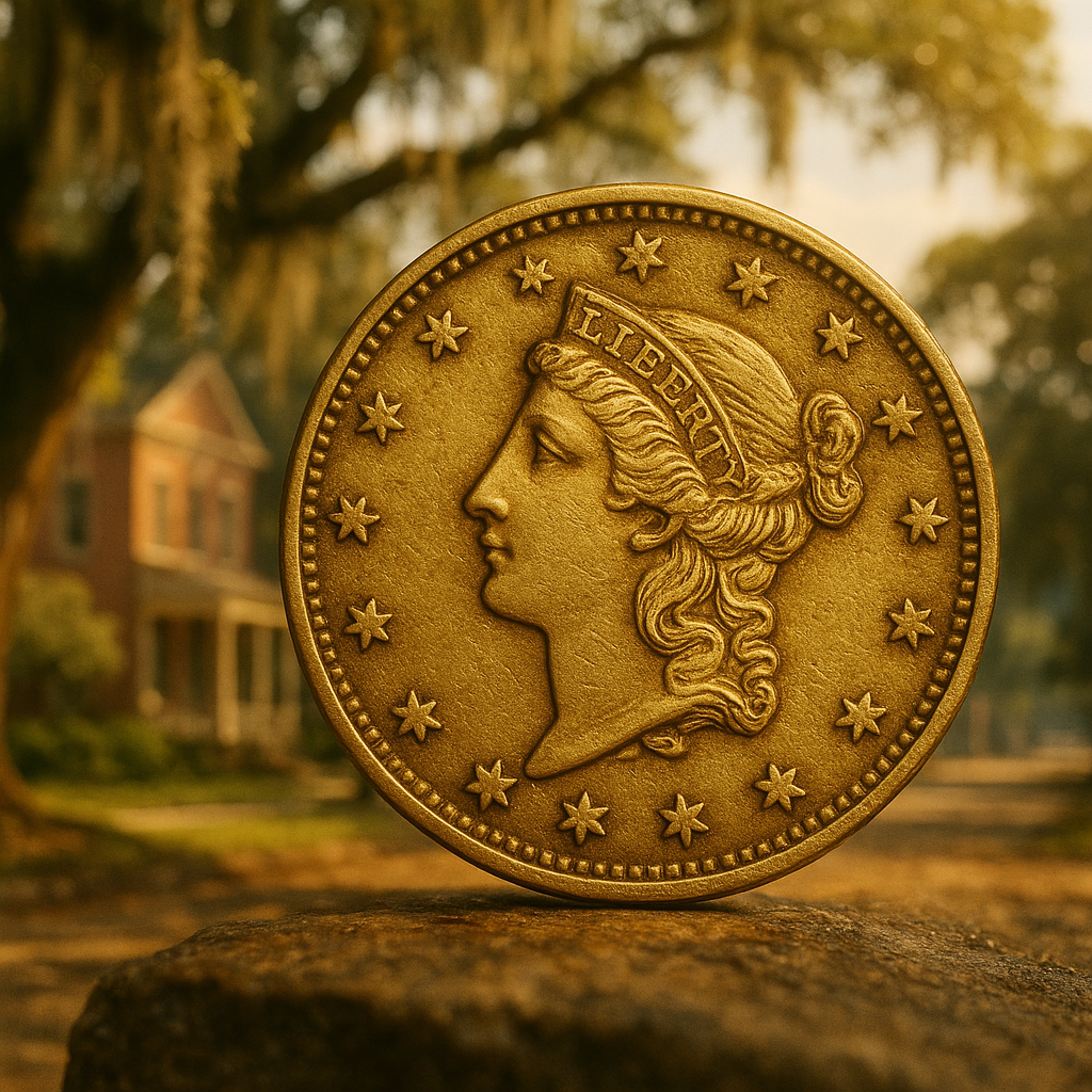 Close-up of a rare vintage gold coin showcasing intricate details and craftsmanship.