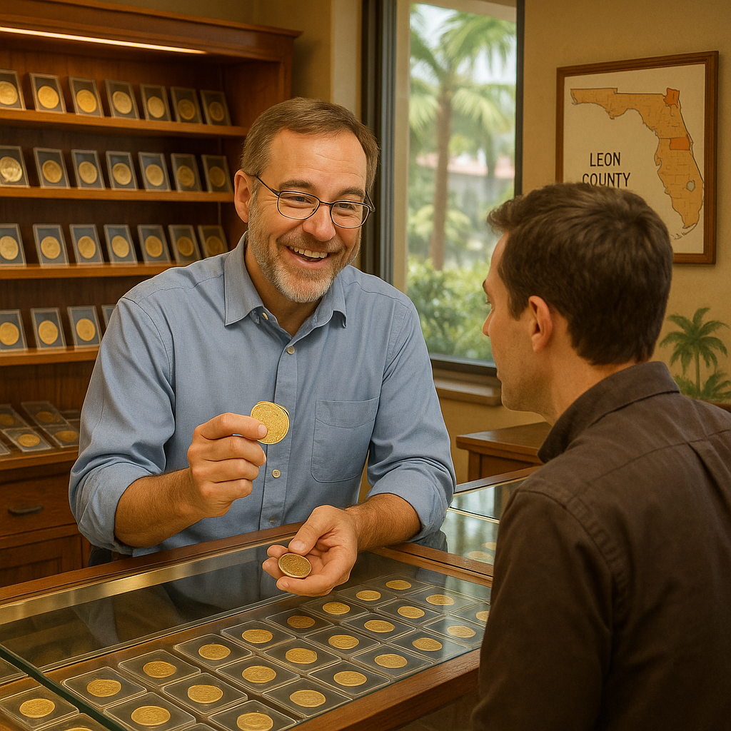 Friendly expert guiding a customer through selecting authentic rare coins at our Leon County store.