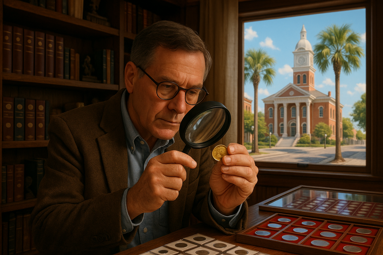 Expert examining a rare coin under magnification to provide trustworthy appraisals.