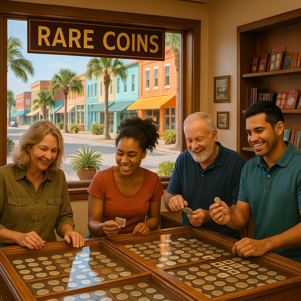 Happy customers browsing an inviting coin shop filled with a diverse collection in Florida.
