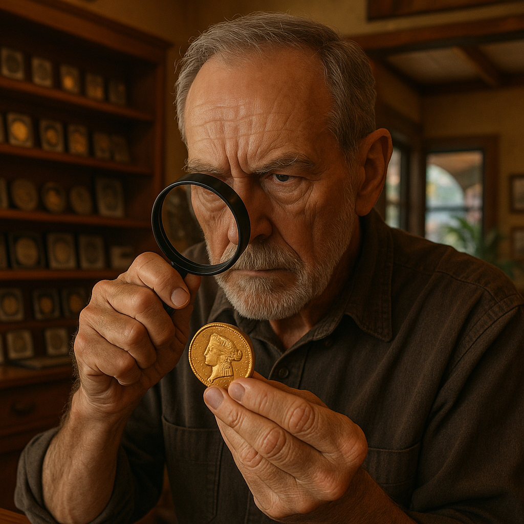Expert coin appraiser examining a rare gold coin under magnification