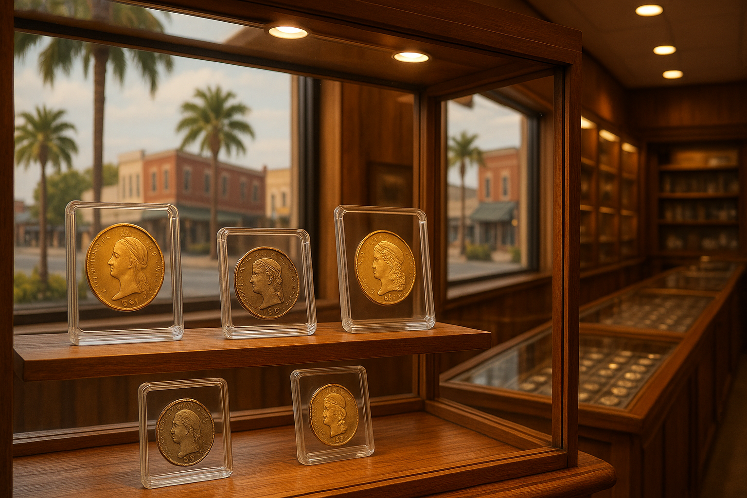Showcase of rare vintage coins displayed in custom cases at Osceola County coin shop