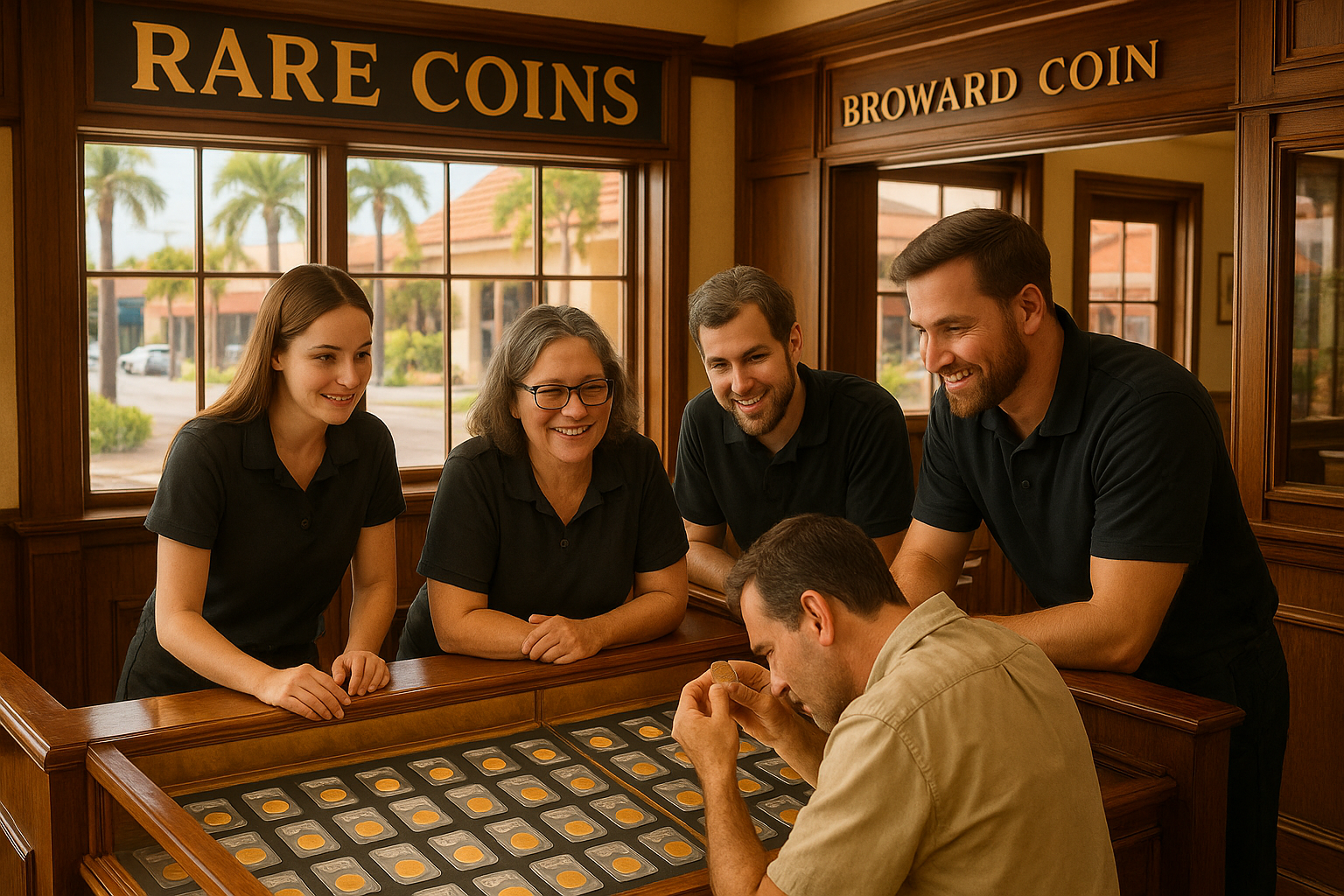 Passionate team members assisting a customer in expanding their rare coin collection.