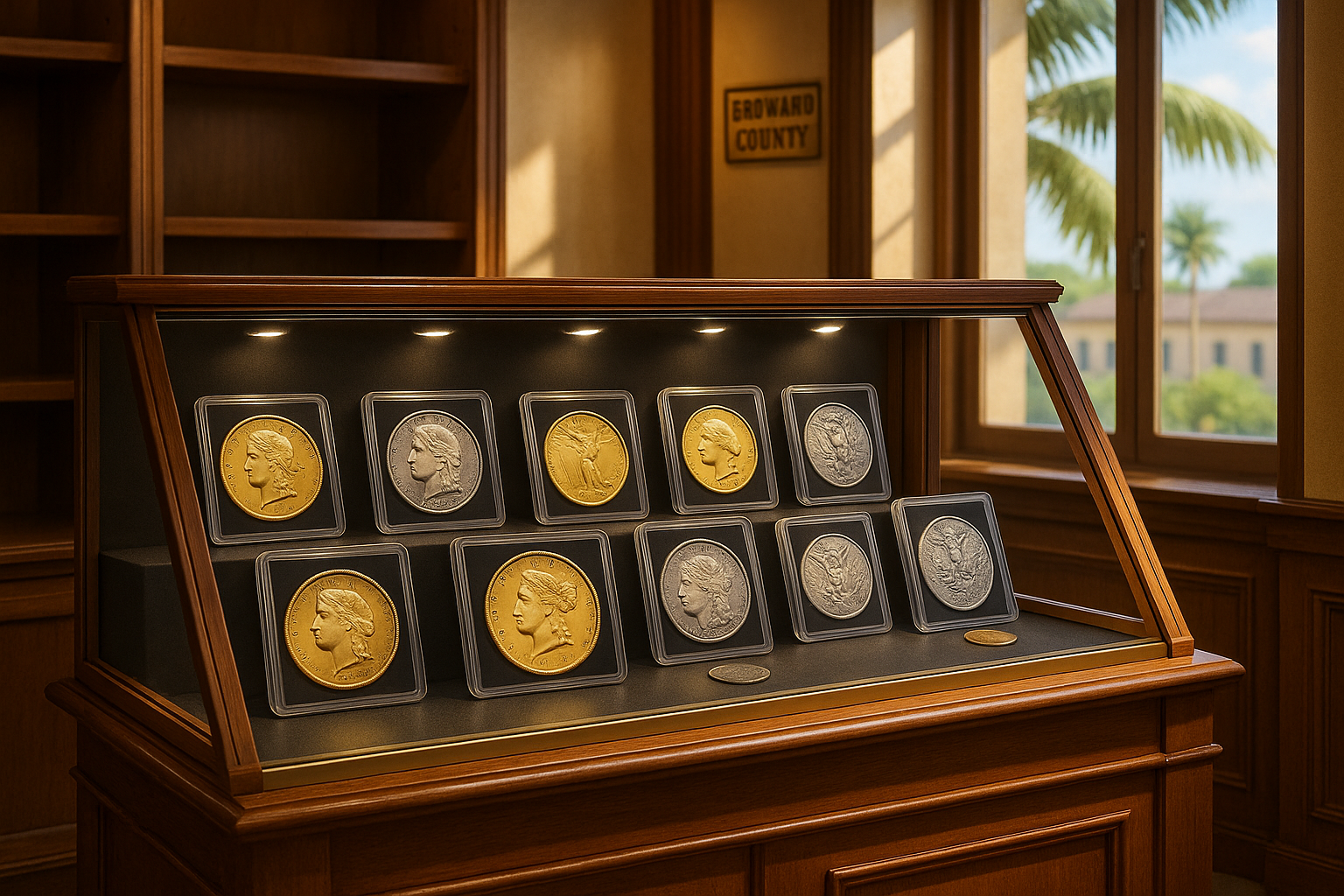 Display case showcasing a curated collection of rare and valuable coins.